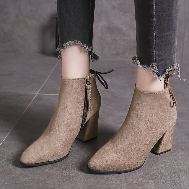 Pointed toe nude thick heel short boots for women 2024 autumn and winter French style Martin boots large size women's shoes 41-43