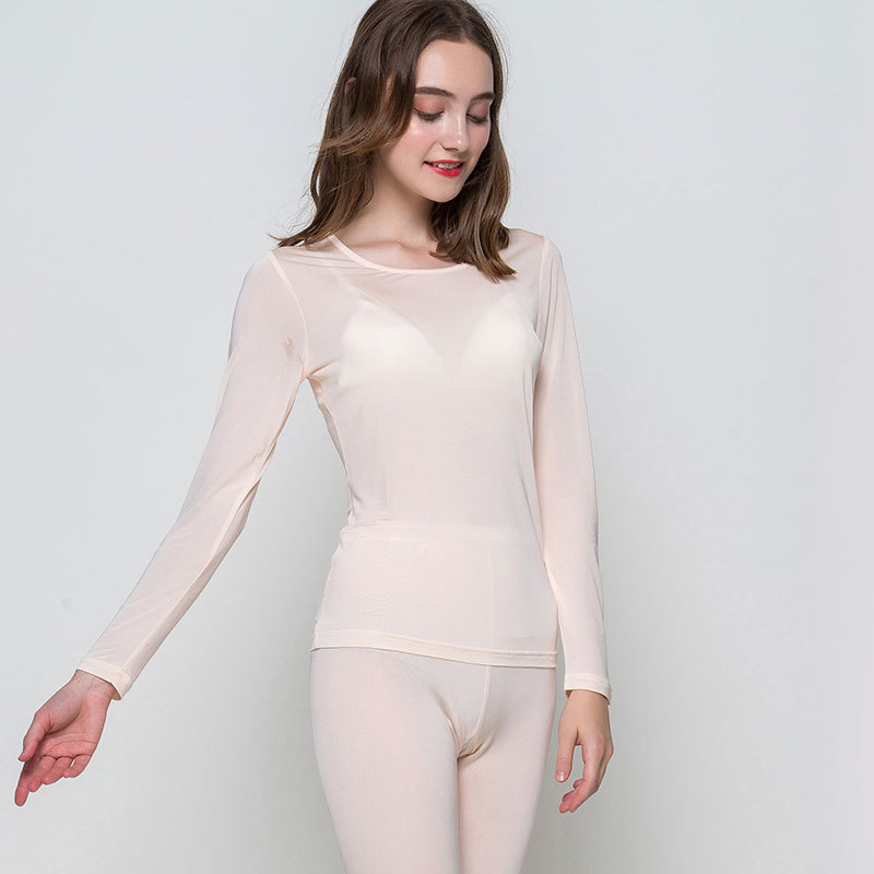 100% Mulberry Silk White Factory Silk Thin Women's Silk Knitted Thermal Underwear Set Basic Base Layer Autumn Clothes