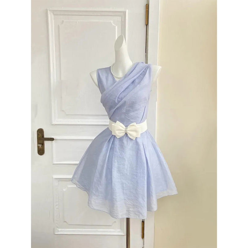 Vintage Style Sleeveless Dress for Women, Summer 2026 New Model, Beach Vacation Style, Waist-Cinching Slimming Short Dress