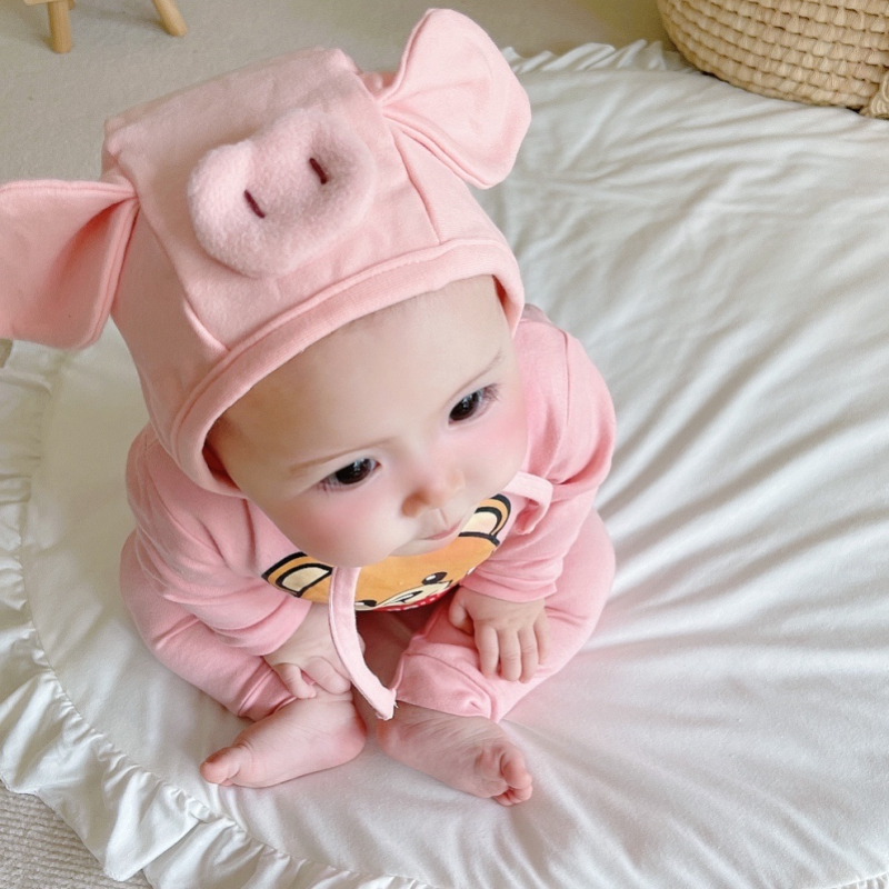INS spring and autumn baby pig warm cotton three-dimensional male and female baby cotton tire cap lace-up cartoon pullover hat