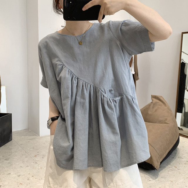 Irregular cotton and linen shirt women's summer loose and thin round neck small fresh and age-reducing short-sleeved doll shirt ramie top