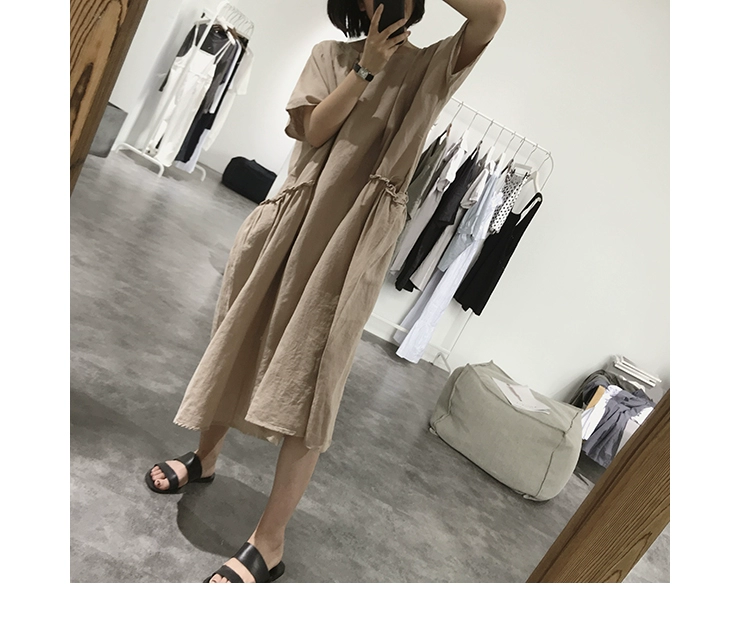 Linen dress nữ mùa hè lỏng kích thước lớn trên đầu gối pocket vòng cổ sack váy văn học ngắn tay cotton và linen dài váy