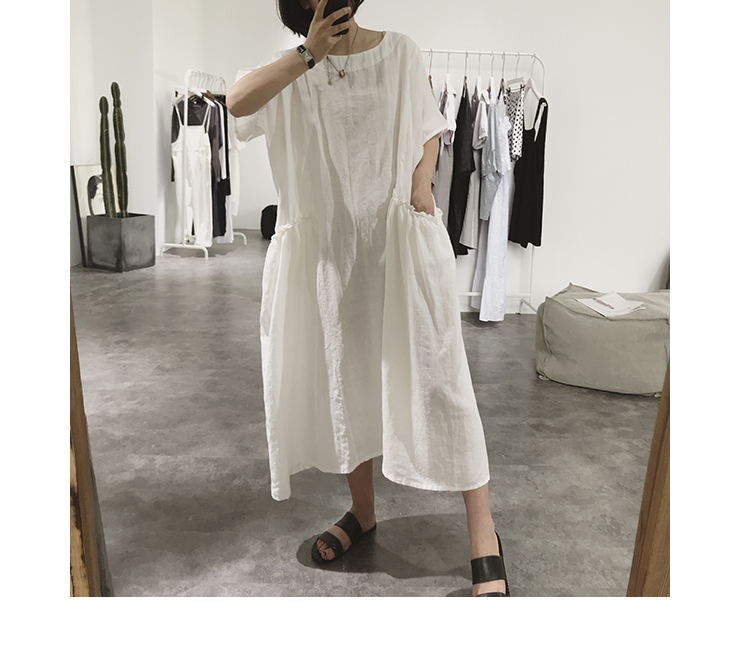 Linen dress nữ mùa hè lỏng kích thước lớn trên đầu gối pocket vòng cổ sack váy văn học ngắn tay cotton và linen dài váy mẫu váy dài tay đẹp