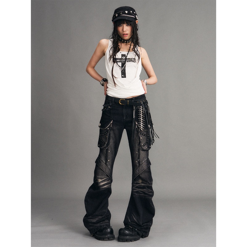 Lost after Garden Street Punk Heavy Washed Three-Dimensional Baggy Knife-Cut Baggy Jeans with Slightly Flared Legs for Women