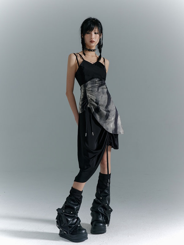 Lost Garden New Chinese Style Punk Dress Women's Summer Elegant Drawstring Mid-Length Asymmetrical Hem Strap Dress