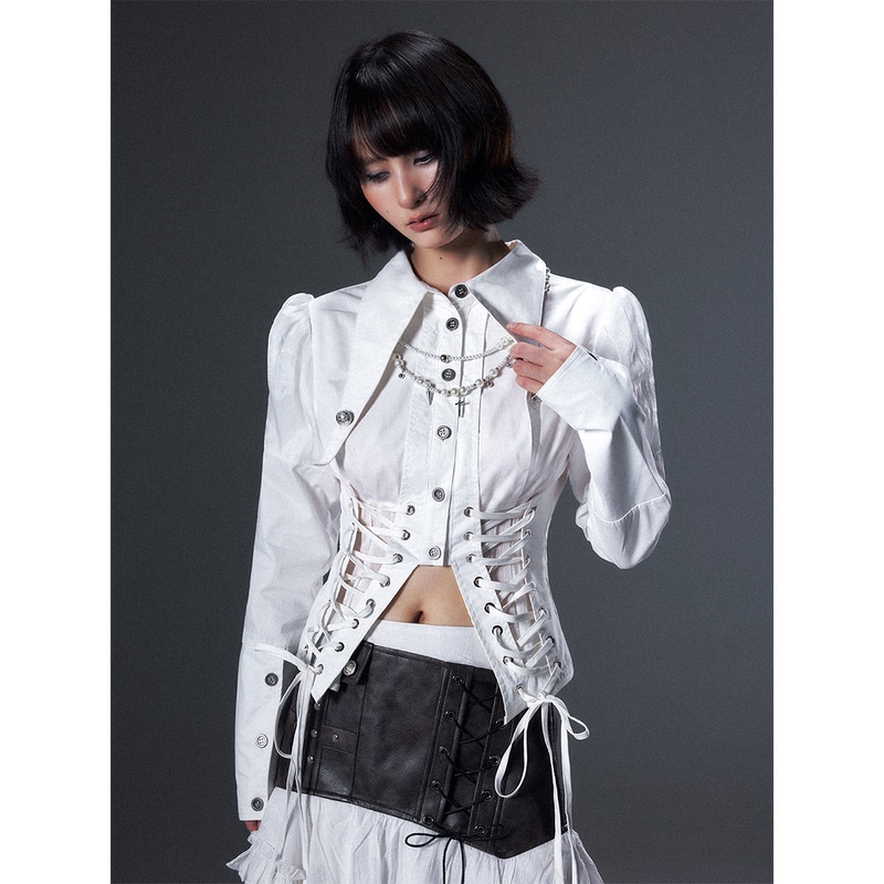 Lost Garden Palace Retro Lace-Up Waist-Cinching Semi-Sheer Patchwork Lapel Slim-Fit Long-Sleeve Early Autumn Shirt Top for Women Lost Garden Palace Retro Lace-Up Waist-Cinching Semi-Sheer Patchwork Lapel Slim-Fit Long-Sleeve Early Autumn Shirt Top for Women