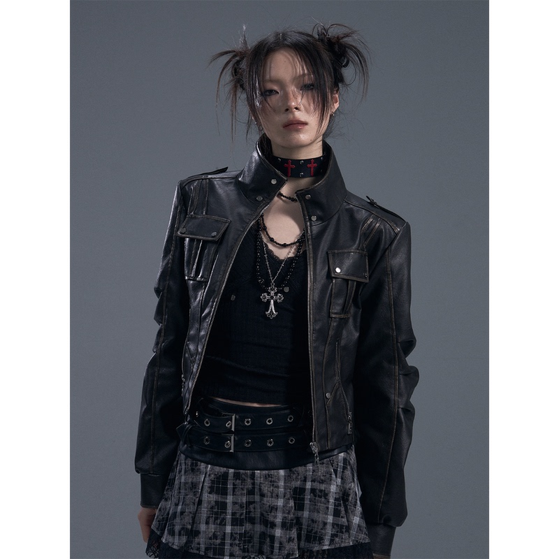 Lost after Garden Retro Punk Rebellious Heavy-Duty Distressed Slim-Fit Short Silhouette Biker Leather Jacket