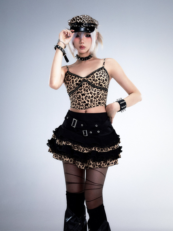 Lost after Garden Light-Ya Retro Belt Leopard Print Short Skirt Y2K Millennial Hot Girl Patchwork A-Line Tiered Skirt Half Skirt Lost after Garden Light-Ya Retro Belt Leopard Print Short Skirt Y2K Millennial Hot Girl Patchwork A-Line Tiered Skirt Half Skirt