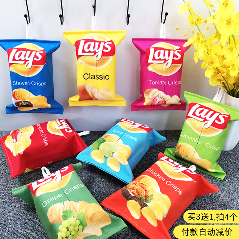 Paper towel bag fabric cartoon cute creative flannel potato chips paper towel pack hanging type living room home car tissue box