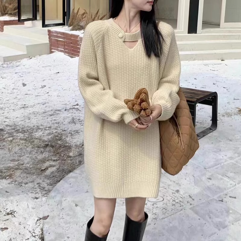Autumn and Winter New Style Pullover with Shiny Thread, Loose and Versatile, Korean Style, Lazy Style, Mid-Length Knitted Sweater Dress for Women