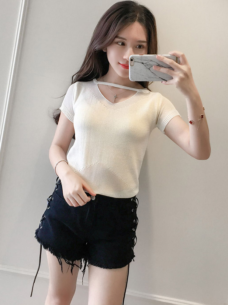 Gamma mát mẻ thời trang mới dành cho nữ kiểu dáng thon gọn màu rắn hoang dã V-cổ ngắn tay áo len mỏng 7485 ao khoac len dep