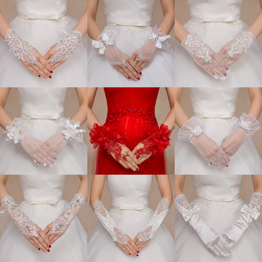 Bride Wedding Gloves White Red Wedding Dress Short Gloves Long Lace Mesh Satin Gift Ceremony