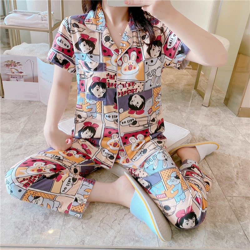 Spring and autumn Korean version of short-sleeved trousers cotton cardigan pajamas female students cute cartoon summer loose home service suit