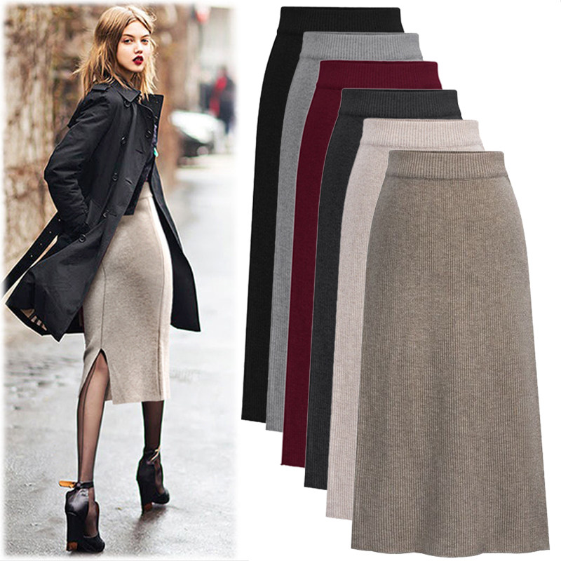 Large size fat MM wool knitting skirt women in the spring and autumn long slim step split buttock skirt 200 catties