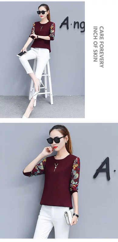 Mùa xuân và mùa thu áo thun dài tay rộng bên ngoài mặc áo sơ mi cotton nhỏ áo sơ mi nữ trung niên 40-50 tuổi quần áo mẹ áo khoác trung niên