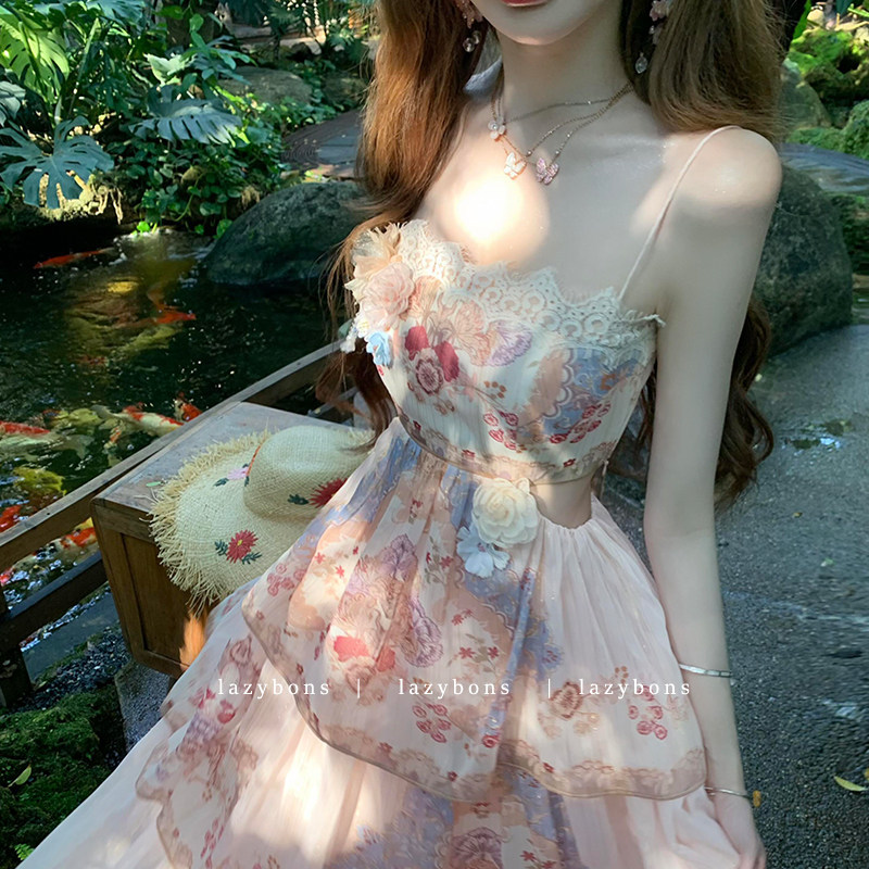 Women's Summer Sweet and Alluring Printed Spaghetti Strap Dress with Heavy Lace Patchwork, Bohemian Vacation Style, Long Flared Dress