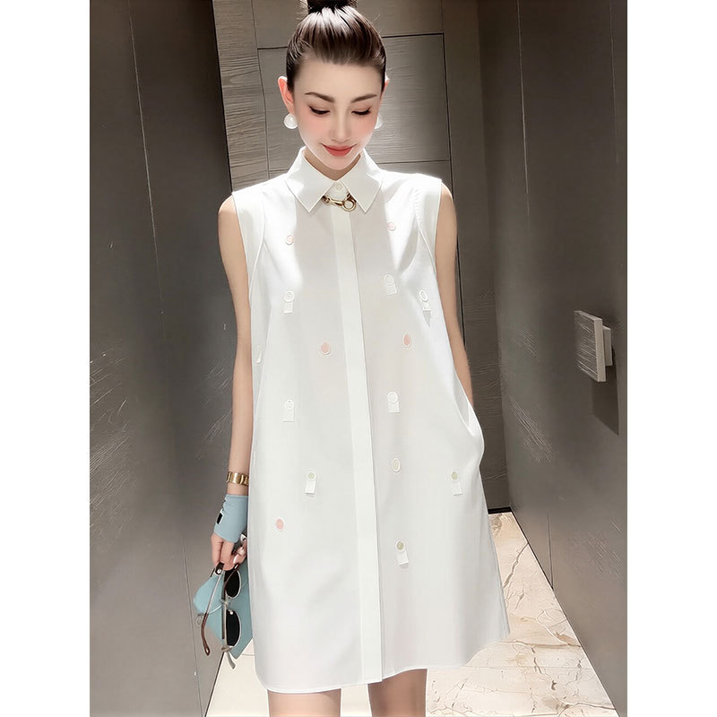French-Style Light and Mature Minimalist White Sleeveless Shirt Dress for Women with Sequin Embellishments, Slimming Straight Skirt, Trendy
