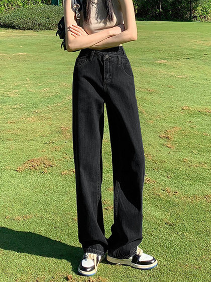 梨形身材黑灰阔腿牛仔裤女春季新款大码胖mm高腰宽松直筒显瘦裤子