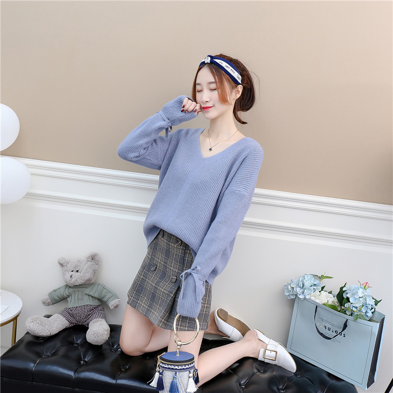 2018 thu đông mới áo len nữ màu rắn cổ chữ V hoang dã kẹo mềm màu áo thun áo len top áo áo len cánh dơi