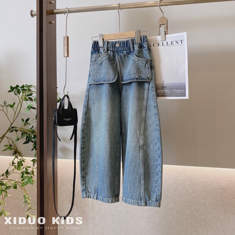 Brand Children's Clothing 2026 Autumn New Collection Girls' Korean-Style Design Patchwork Casual Scimitar-Leg Jeans