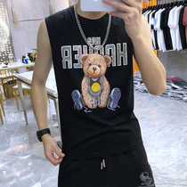 European station 2021 summer New Tide card cartoon bear print hot diamond slim vest sleeveless T-shirt men trend