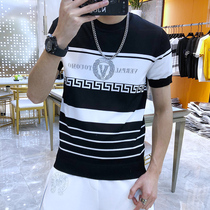 European station summer new style brand mens slim short sleeve sweater striped letter hot Diamond ice silk sweater T-shirt