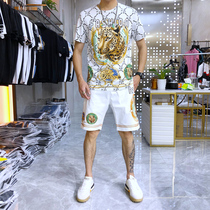 European Station 2021 Summer New Tide Brand Two-Piece Mens Leopard Printed Hot Diamond Trend Short Sleeve Shorts Set