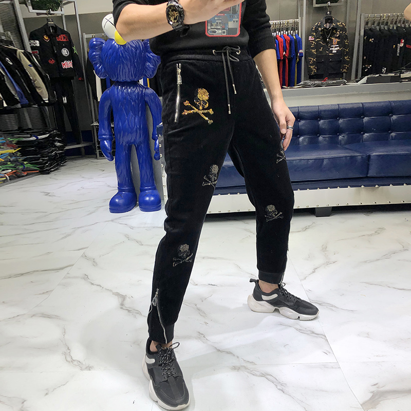 European Station 2021 Men's Net Red Korean Version Slim Corduroy Skull Hot Drill Tide Brand Sports Casual Pants Men