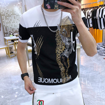 European station summer Tide brand mens slim short sleeve sweater personality leopard hot Diamond ice silk sweater thin T-shirt