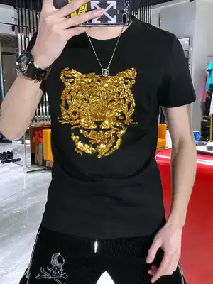 European Station 2021 Men's slim personality Tide T Tiger Head Sequin Embroidery Mercerized Cotton Heavy Industry Short Sleeve T-Shirt Men