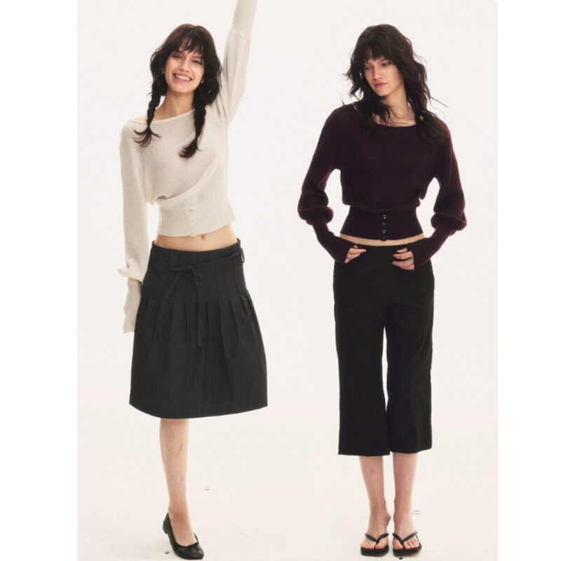 27Thstreet Basic Lantern Sleeve Pullover Sweater with Fine Button Design and Off-The-Shoulder Neckline 27Thstreet Basic Lantern Sleeve Pullover Sweater with Fine Button Design and Off-The-Shoulder Neckline