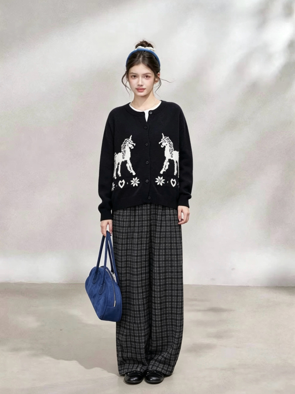 Cream Kitten Twilight Wonderland Unicorn Jacquard Sweater Jacket Women's Autumn Long Sleeve Knitted Cardigan Cream Kitten Twilight Wonderland Unicorn Jacquard Sweater Jacket Women's Autumn Long Sleeve Knitted Cardigan
