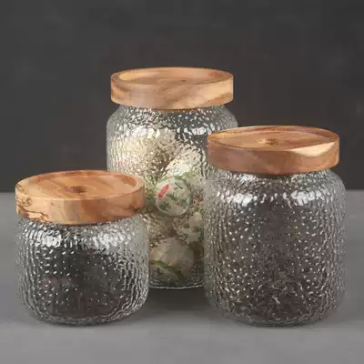 Liuhtang Acacia wood glass tea jar transparent hammer grain wood cover storage tank household moisture-proof food storage tank