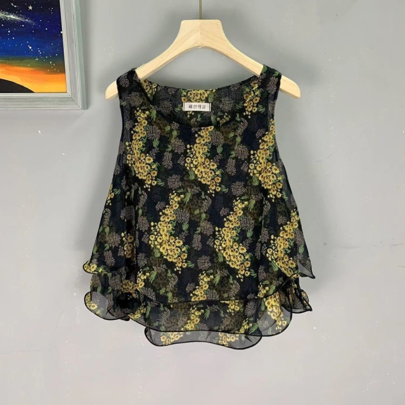 Chiffon Vest for Women, Summer Double-Layer Solid Color Outerwear with Ruffled A-Line Design, 2024 New Korean Style Short Top