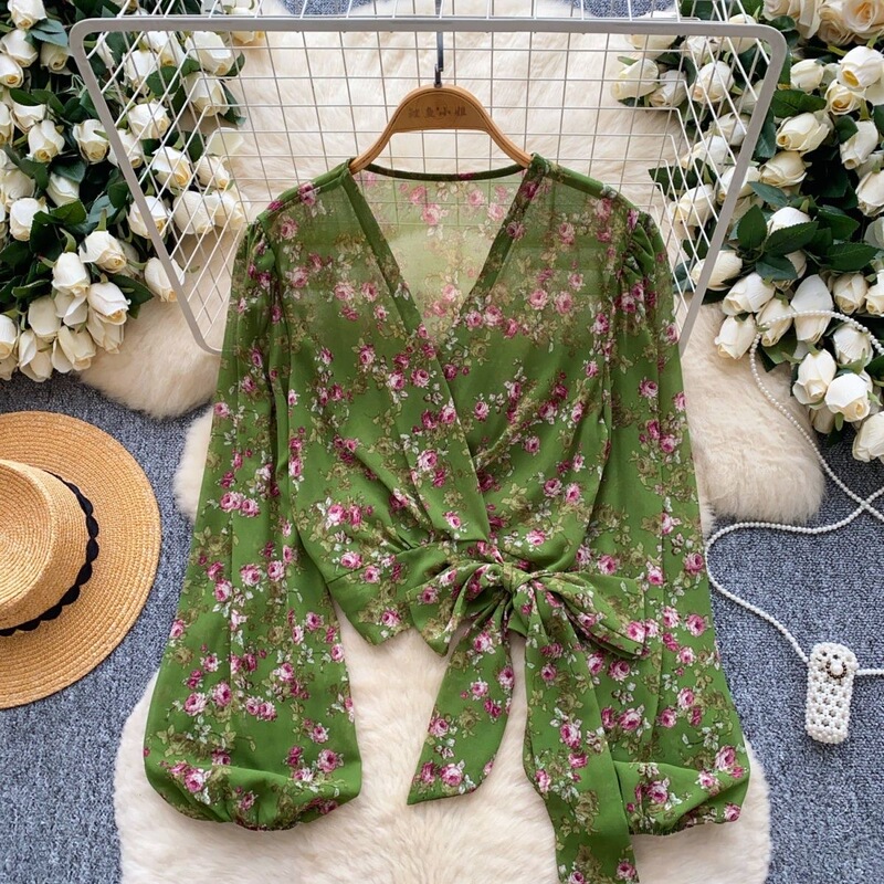 French Design Cross V Neck Strap Waist Lantern Sleeve Printed Chiffon Shirt for Women, Fashionable and Versatile Thin Shirt