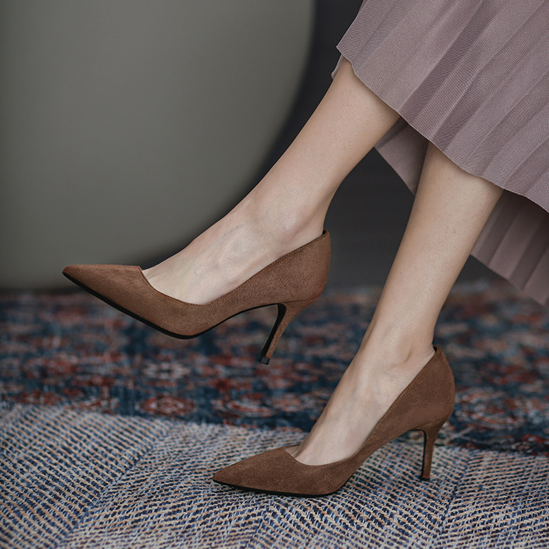 Su Feimi Brown Suede High Heels Women's Stiletto Korean Style Professional Brown Burgundy Pointed Toe Coffee-Colored Single Shoes