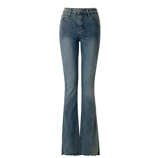 Blue retro high-waisted micro-flared raw-edged jeans 2023 summer new women's stretch slim-fit all-match trousers