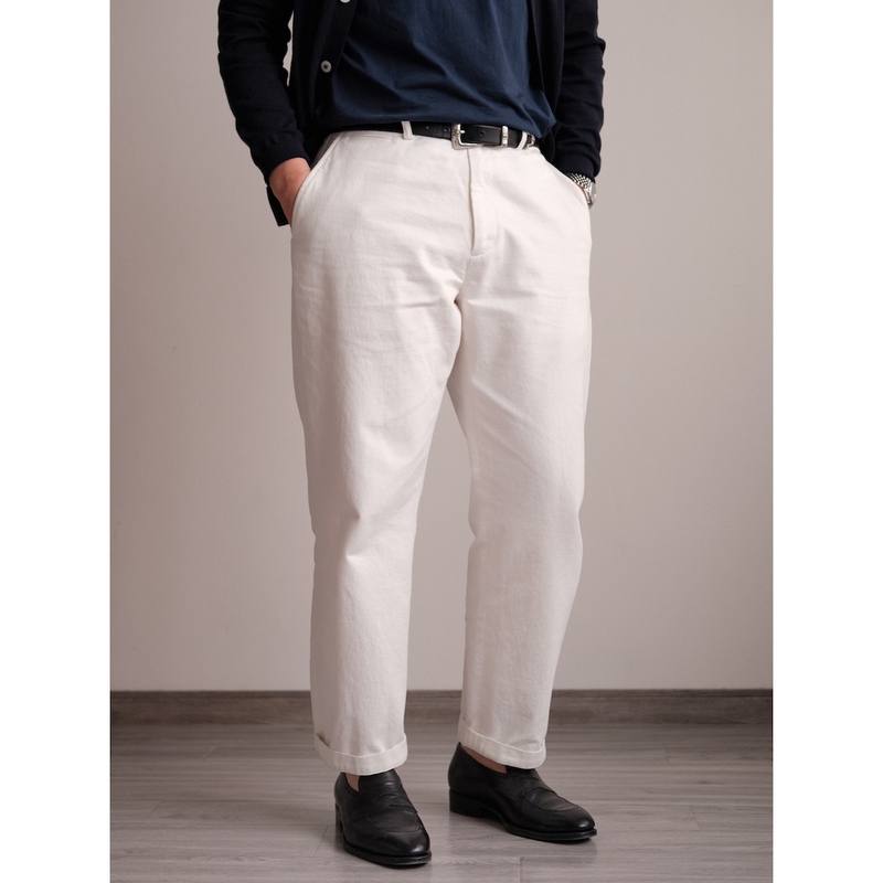 Safari Officer Pants｜Nissan Salt-Shrinked Pima Cotton｜Loose Straight-Leg White Officer Khaki Pants