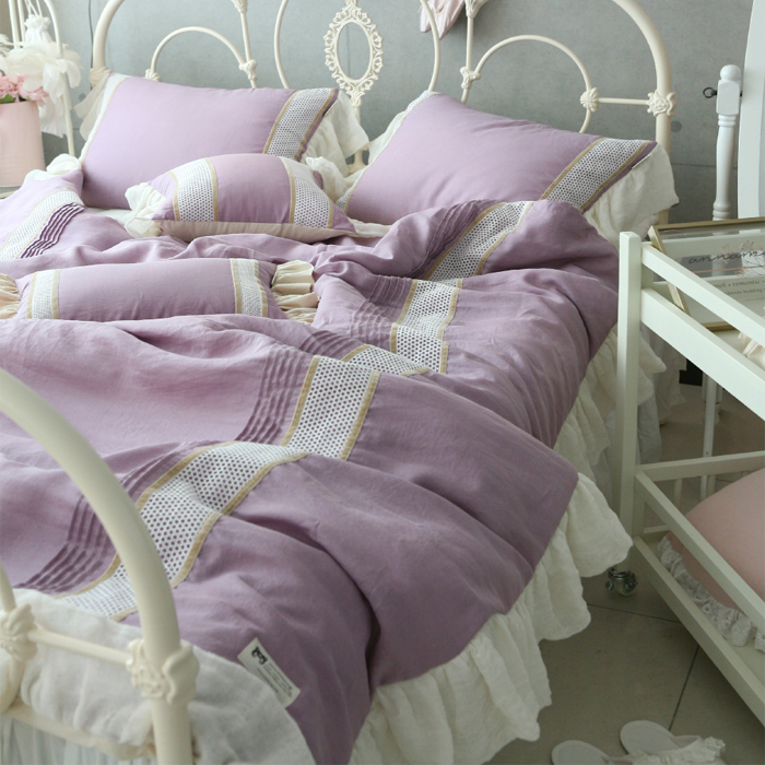Artisan customize ANNAMONG Princess lace purple pure cotton quilt cover Three sets of ultra delicate supple softness