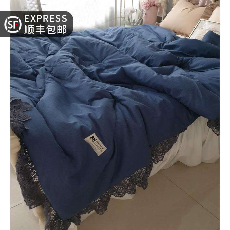 ANNAMONG high-end custom cotton retro style blue and black lace four seasons quilt set
