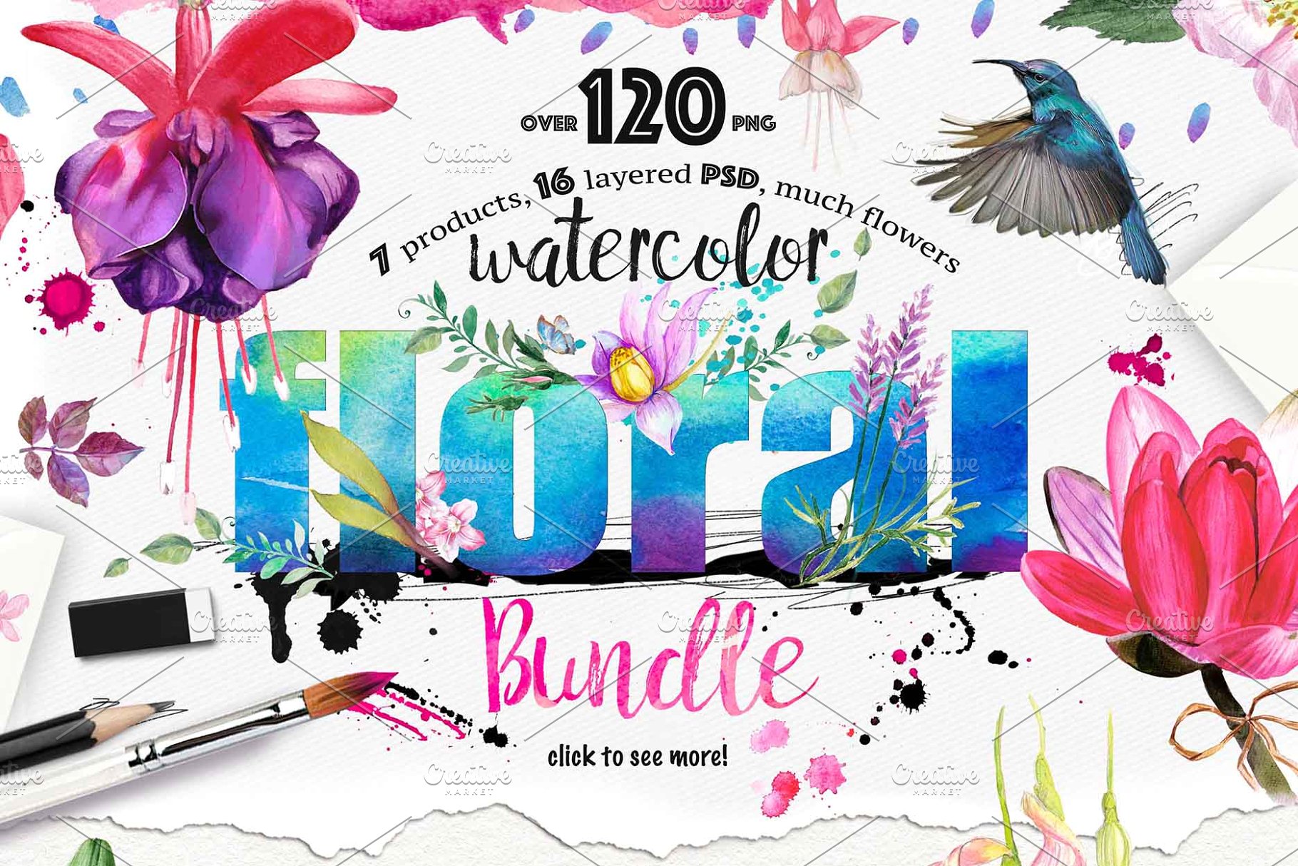 120PNG水彩手绘花卉素材合集 Over 120PNG watercolors设计素材模板