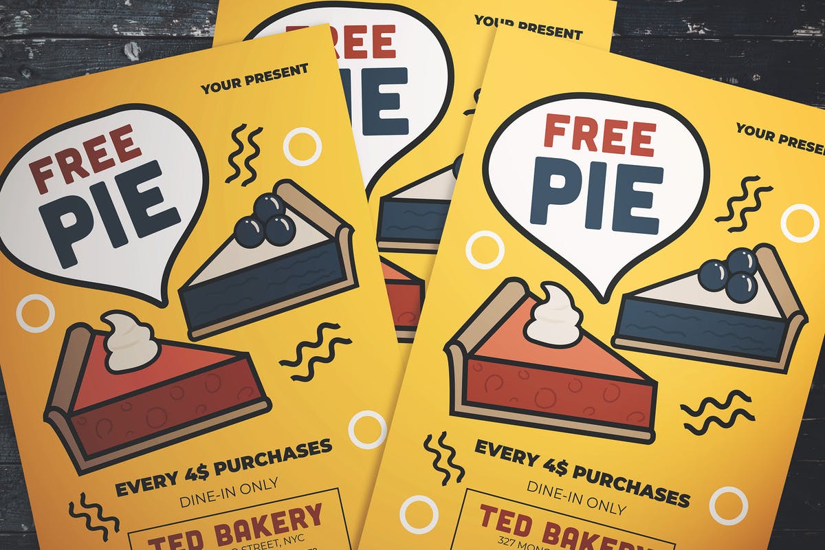 美食折扣促销海报传单设计模板 Free Pie Flyer设计素材模板