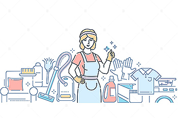 清洁家政服务主题线条艺术风格矢量插画 Cleaning service – line design style illustr