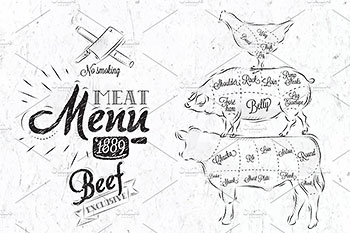 手绘猪肉生鲜分区菜单插画 Meat Menu