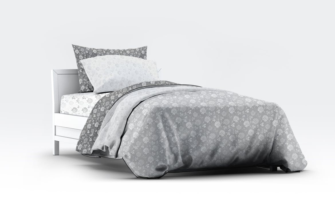 高品质的单人床床上用品VI样机展示模型mockups设计素材模板