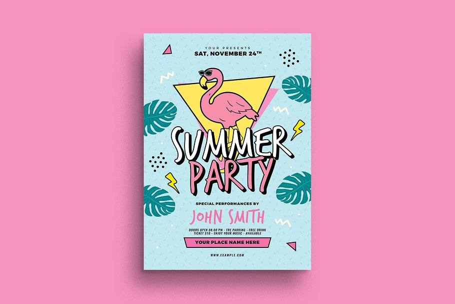 海报90后夏天粉色模板 90’s Summer Party Flyer设计素材模板