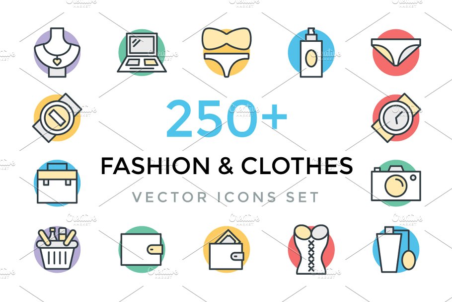 250+时尚和服装图标 250+ Fashion and Clothes Icons设计素材模板