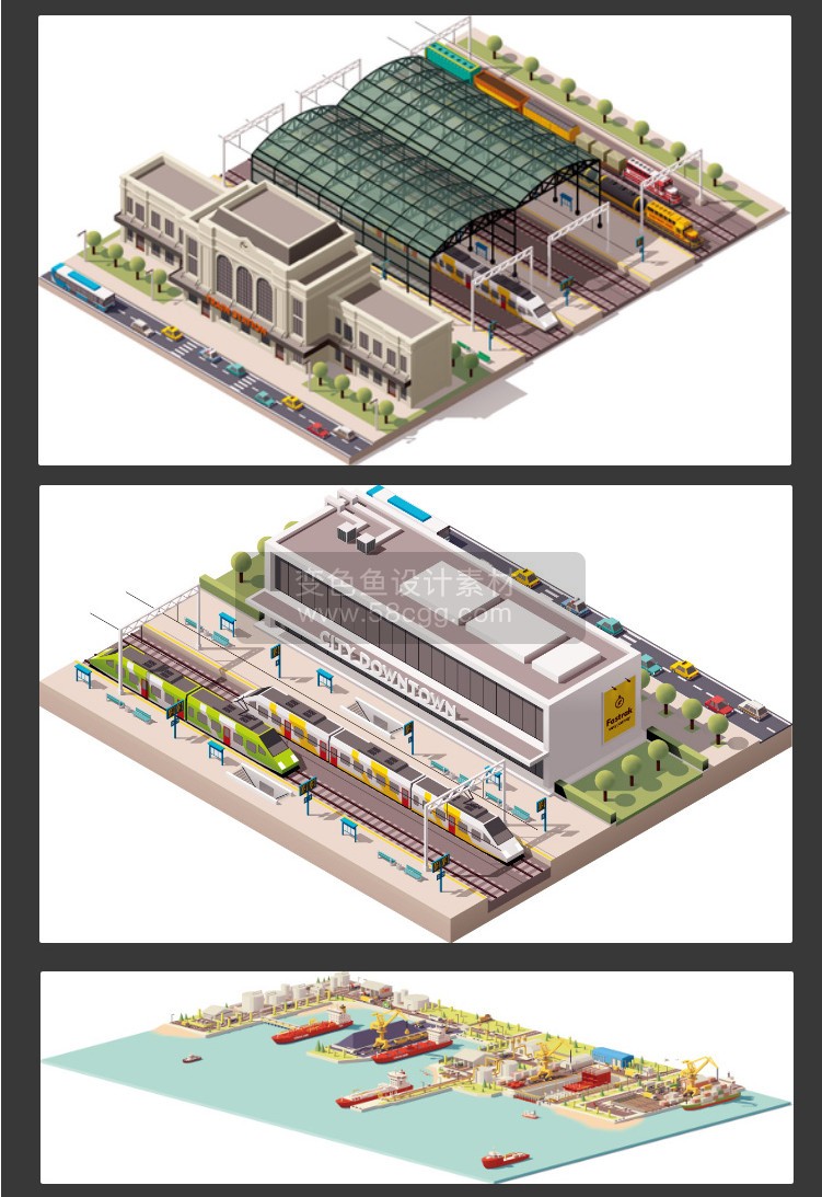 3D立体2.5D等距扁平建筑插画室内城市汽车工业体育场地AI矢量素材 AI0022设计素材模板