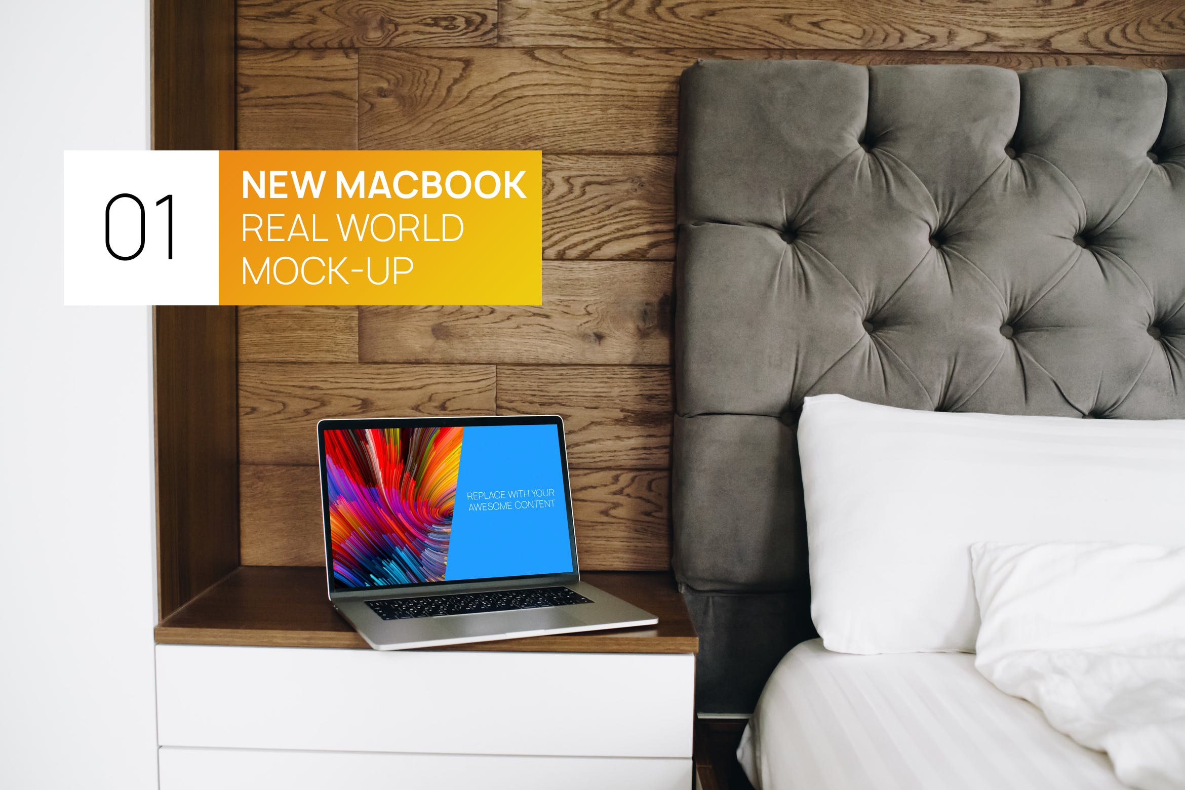 卧室场景MacBook Pro笔记本电脑屏幕演示样机 Interior MacBook Pro Touchbar Real World Mock-up设计素材模板