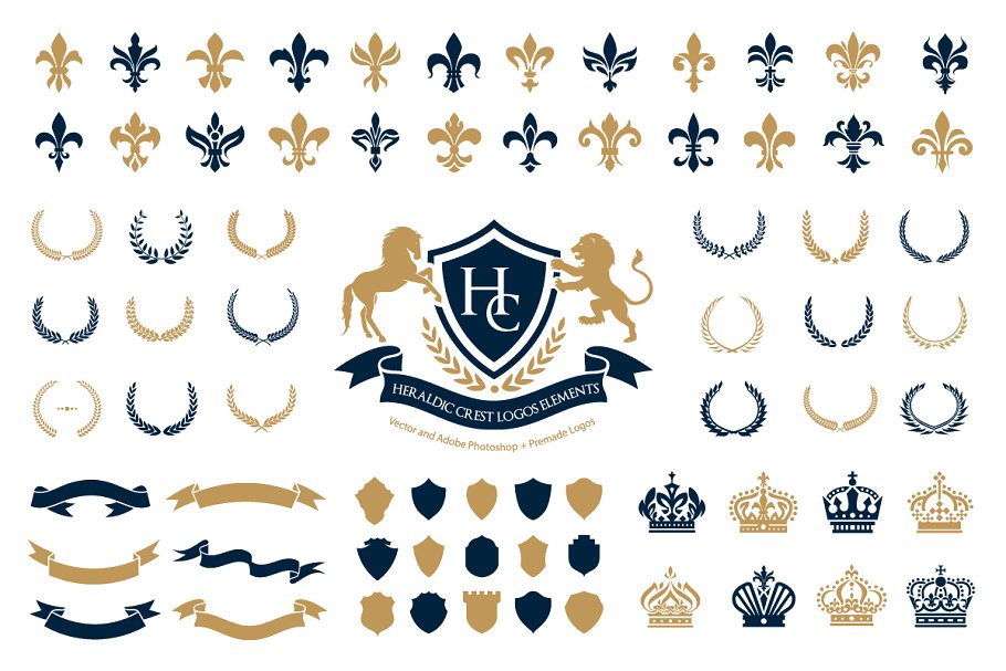 骑士纹章logo元素集 Heraldic Crest Logos elements set设计素材模板